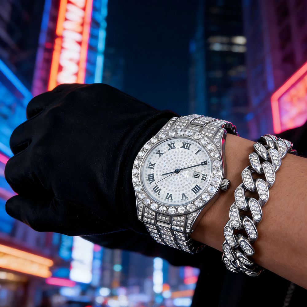 1 Hip-hop Full Diamond Silver  - Jewelry Watches Men 评论和价格