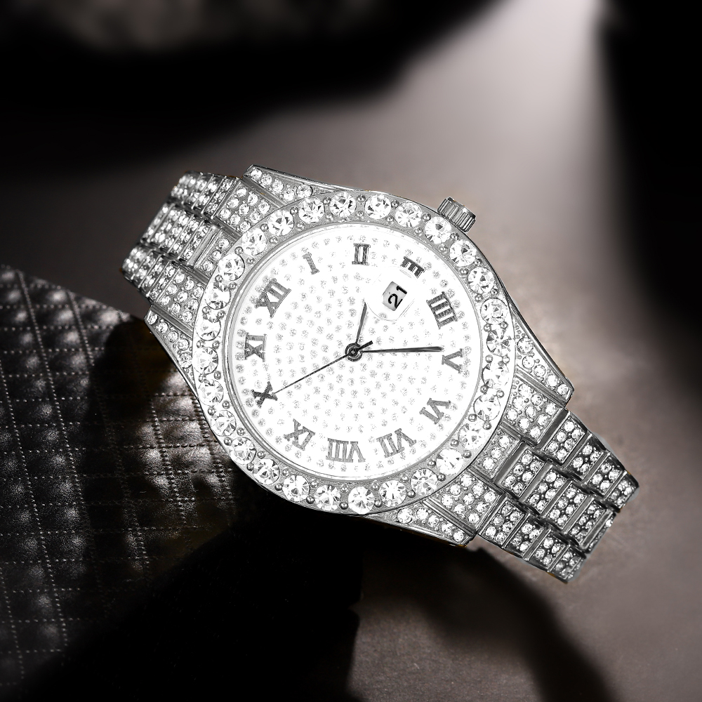 1 Hip-hop Full Diamond Silver  - Jewelry Watches Men 评论和价格