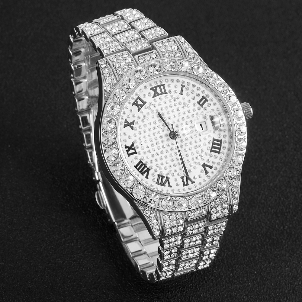 1 Hip-hop Full Diamond Silver  - Jewelry Watches Men 评论和价格