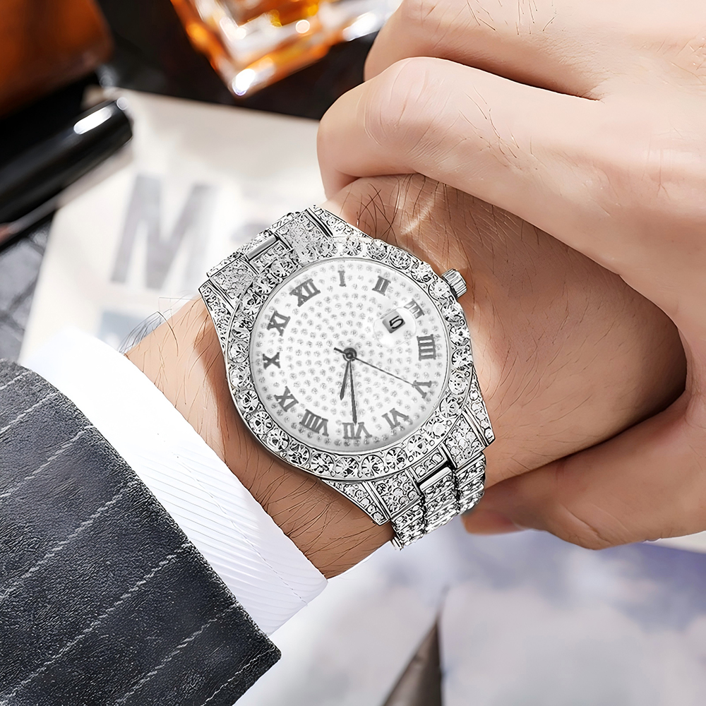 1 Hip-hop Full Diamond Silver  - Jewelry Watches Men 评论和价格