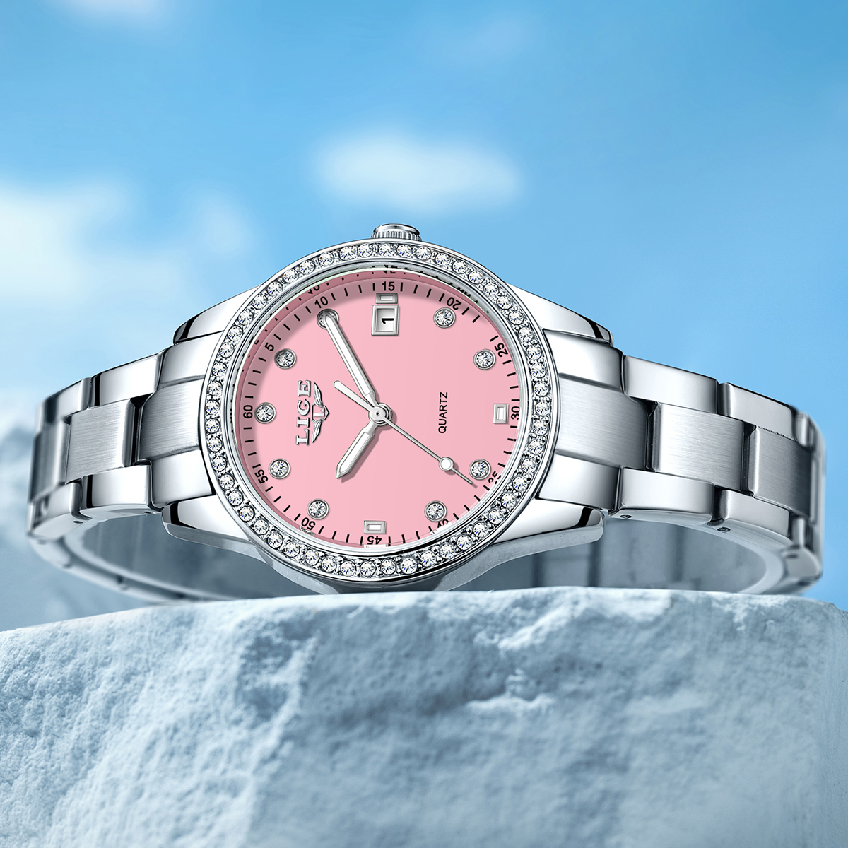 LIGE Creative Pink Dial Diamon - Jewelry Diamond Watches 评论和价格