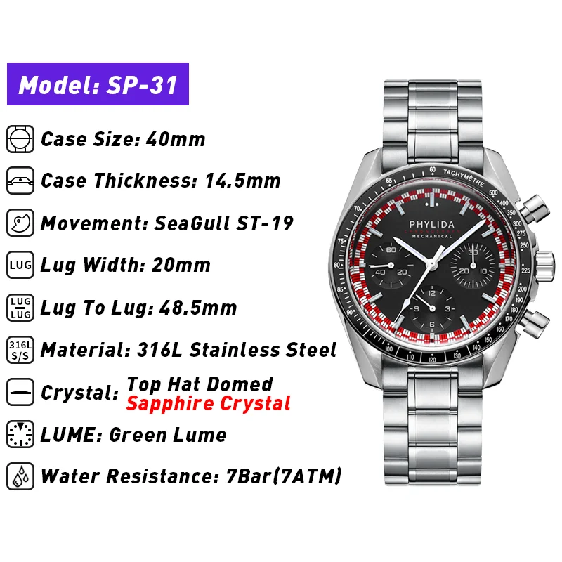 PHYLIDA 40mm Men's Watch ST19  - Jewelry Watch 评论和价格